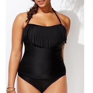 NWT Swimsuits for All fringe black one piece swim